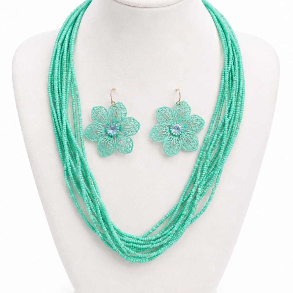 Turquoise Beaded Multi-Strand Necklace with Floral Earrings